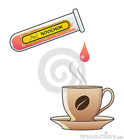 Pink hazardous liquid dripping from a chemical glass flasks into coffee cup, food poisoning. Yellow label with Novichok indicated. Vector Illustration